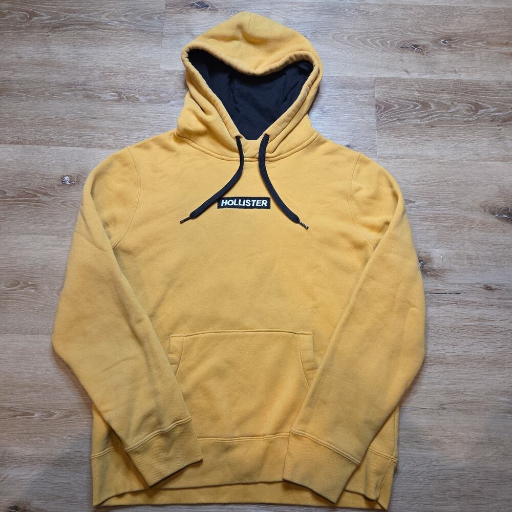 Hollister Mens Medium Mustard Yellow Hoodie Embroidered Logo Fleece Pullover Y2K